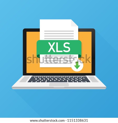 Download XLS button on laptop screen. Downloading document concept. File with XLS label and down arrow sign. Vector stock illustration.