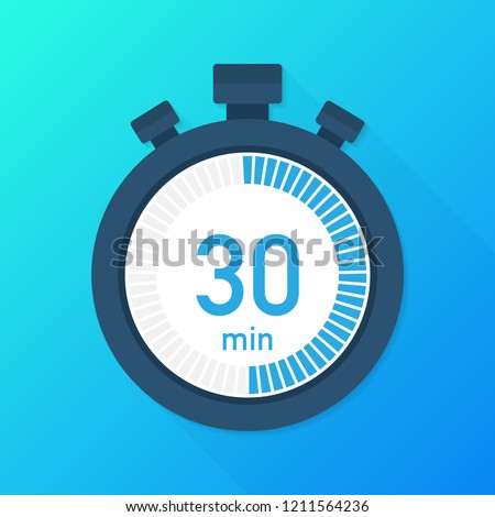 The 30 minutes, stopwatch vector icon. Stopwatch icon in flat style, 30 minutes timer on on color background.  Vector stock illustration.