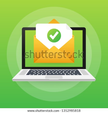 Opened envelope and document with green check mark. Verification email. Vector stock illustration.