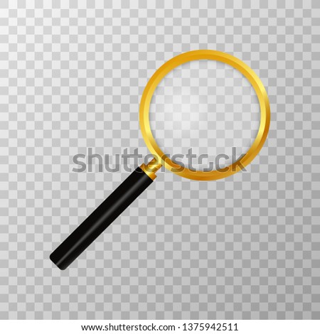 Realistic magnifying glass on transparent background. Search and inspection symbol. Bussiness concept. Sciene or school supplies. Vector stock illustration