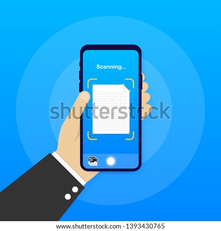 Text scan. Document scanner smartphone interface vector template. Mobile app page blue gradient design layout. Vector illustration.