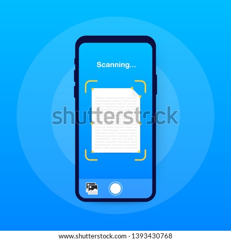 Text scan. Document scanner smartphone interface vector template. Mobile app page blue gradient design layout. Vector illustration.