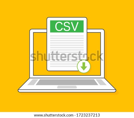 Download CSV button on laptop screen. Downloading document concept. File with CSV label and down arrow sign. Vector illustration.