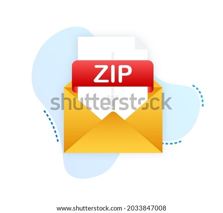 Download ZIP button. Downloading document concept. File with ZIP label and down arrow sign. Vector illustration.