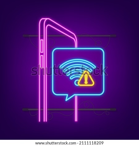 No internet connection found on smartphone. Neon icon. Lost Wireless Connection. No wifi. Vector stock illustration