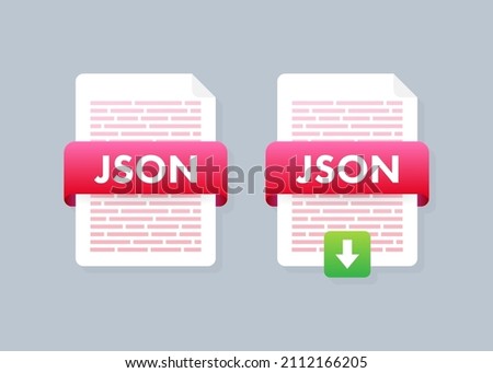 Download JSON button. Downloading document concept. File with JSON label and down arrow sign. Vector illustration.