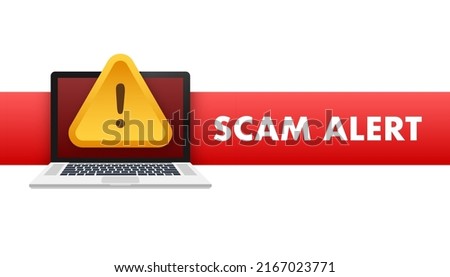 Banner with red scam alert. Attention sign. Cyber security icon. Caution warning sign sticker. Flat warning symbol. Vector stock illustration