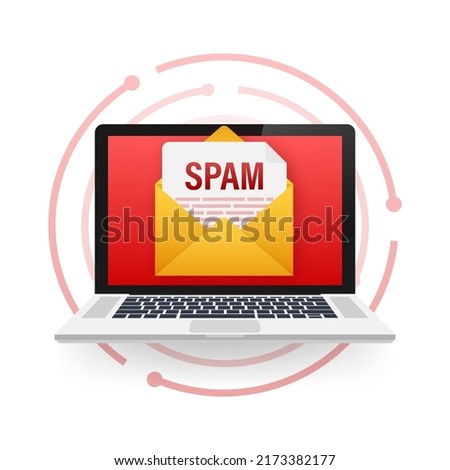 No spam. Spam Email Warning. Concept of virus, piracy, hacking and security. Envelope with spam. Vector illustration.