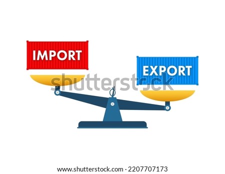 Port crane lift two red cargo containers with import and export words. Vector stock illustration.