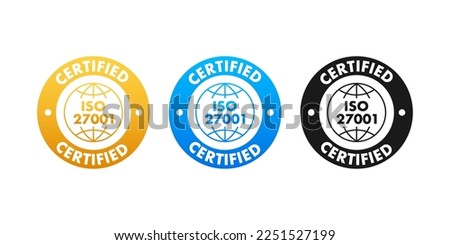 ISO 27001 Certified badge, icon. Certification stamp. Flat design vector illustration.