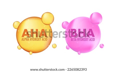 AHA and BHA. Alpha hydroxy acid and beta hydroxy acid. Dermal and beauty. Vector stock illustration.