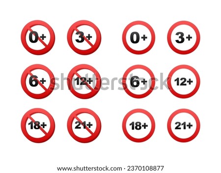 Censored 0, 3, 6, 12, 18, 21 plus sign limit concept. Age restrictions censorship Vector stock illustration