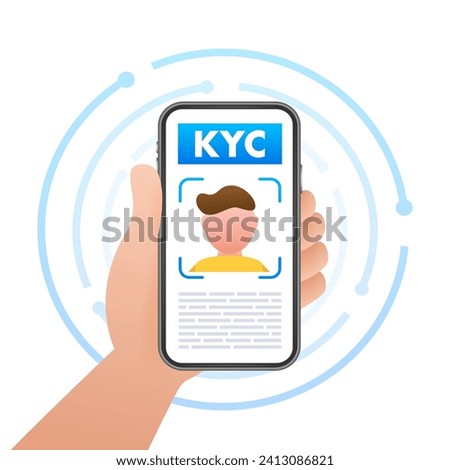 Digital KYC verification process on a smartphone screen with facial recognition technology, vector illustration for secure online identification