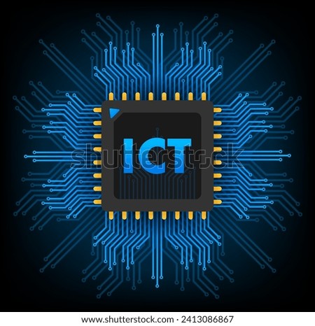 Detailed vector design of an ICT microchip with a complex circuit board, symbolizing advanced information technology and communication