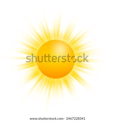 Realistic sun with rays icon for weather design. Hot temperature. Sunshine symbol. Vector stock illustration.