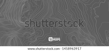 Stylized height of a topographic contour in lines and contours. Concept of a conditional geography scheme and the terrain path. Black & White. Ultra wide size. Vector Illustration