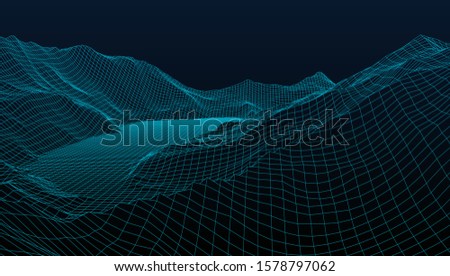 Abstract wireframe background. 3D grid technology illustration landscape. Digital Terrain Cyberspace in the Mountains with valleys. Data Array. Vector Illustration.