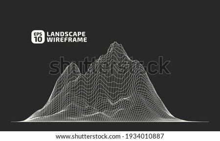 Abstract object in wireframe mesh. 3D grid technology illustration landscape. Digital Terrain Cyberspace in Mountains with valleys. Data Array. Black background. Design Materials. Vector Illustration