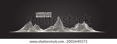 Abstract wireframe background. 3D grid technology illustration landscape. Digital Terrain Cyberspace in the Mountains with valleys. Data Array. Ultra wide size. Black and White. Vector Illustration.