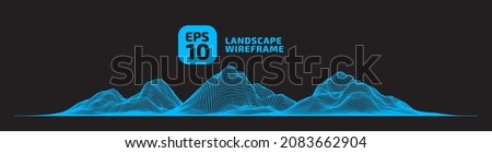 Abstract wireframe background. 3D grid technology, vector illustration landscape. Blue on black colors. Digital Terrain Cyberspace in Mountains with valleys. Data Array. Isolated object. Ultra Wide.