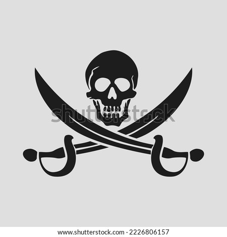Skull over crossed sabers. Jolly Roger, flag, pirate symbol. Black mark, corsairs. Caribbean Sea. Concept danger, freedom and contempt for death. Flat design. Cartoon style. Vector illustration.