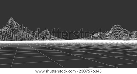 Abstract wireframe background. 3D grid technology, vector illustration landscape. White on black colors. Digital Terrain Cyberspace in Mountains with valleys. Data Array. Isolated object.