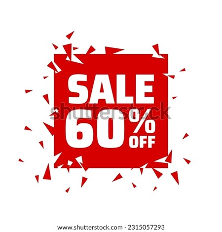 Special offer, Sale Red Tag, flying splashes, particles, triangles. The concept of the price list for discounts, of an advertising campaign, advertising marketing sales, 60% off. Vector illustration.