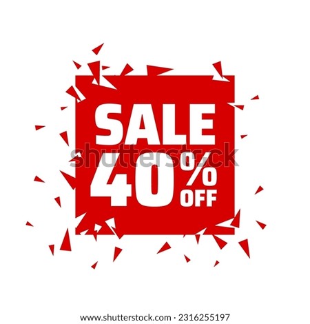 Special offer, Sale Red Tag, flying splashes, particles, triangles. The concept of the price list for discounts, of an advertising campaign, advertising marketing sales, 40% off. Vector illustration.