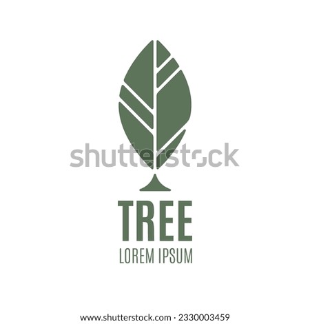 Tree logo graphic template with stylized leaves growing from the center isolated on white background. Tree logo with leaves, environment, nature, growth and evolution concept. Vector illustration