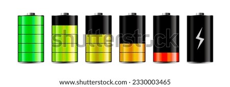 Discharged and various five levels energy batteries infographic set, realistic colorful, isolated on white background. Electric power accumulators bundle. Vector illustration