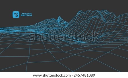 Abstract wireframe background. 3D grid technology illustration landscape. Blue thin lines on a black background, texture mesh. Digital Cyberspace in the  Mountains with valleys. EPS10 Vector.