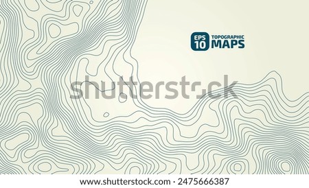 Stylized topographic contour height in lines and contours. The concept of conventional geography and route of the area. Wide size canvas. Blue on a yellow background. Vector illustration.