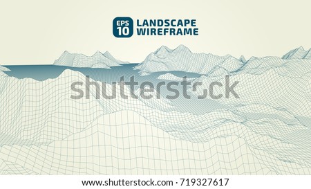 Abstract wireframe background. 3D grid technology illustration landscape. Digital Terrain Cyberspace in the Mountains with valleys. Data Array | EPS10 Vector.
