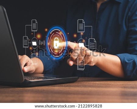 Document security concept. Document management system (DMS). Data encryption. Online documentation database and digital file storage. Log in to file access in the cloud computing system network Foto stock © 