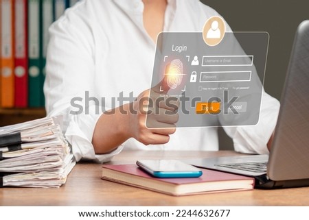 Access the system with a fingerprint on the virtual screen. A page for the login interface on the touch screen. Cyber security and personal data protection concept Foto stock © 