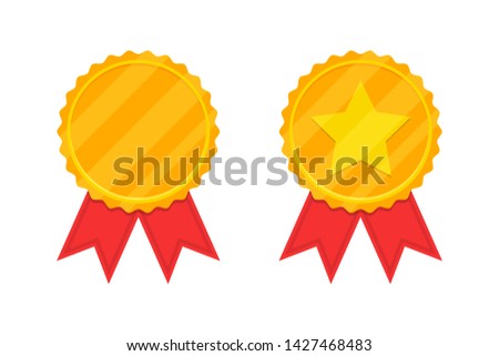 Golden award medal with red ribbon. Vector illustration