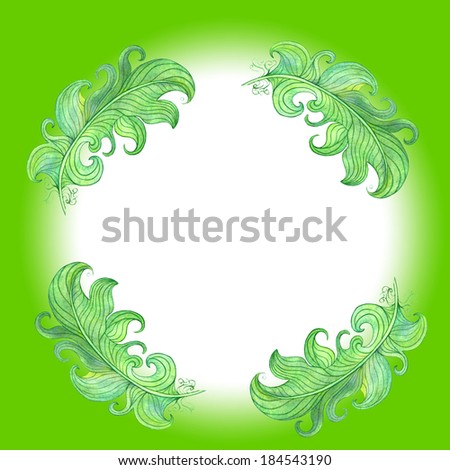 Green decoration in simple and cute ornament. Watercolor drawing. Abstract vintage background with floral retro element with space for text.