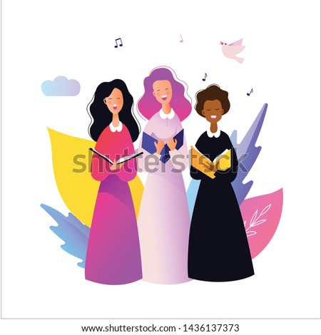 Multinational choir. Group of people singing. Female flat cartoon characters singing vector illustration isolated on white background. 