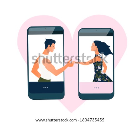 Virtual relationships, online dating or social networking concept. Love trough internet. Couple in love, flirting people Vector illustration, flat style. Online chat, messaging.