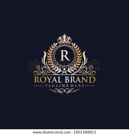 Royal Brand Elegant Logo - Gold Fancy Letter Initial Crest Design - Luxury Golden Wreath and Crown Monogram Vector Illustration Foto stock © 