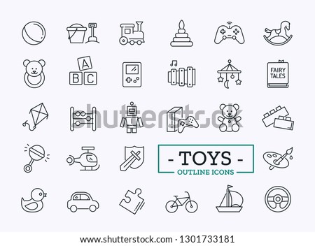 Toys Icons Design Set For Store. Vector Thin Line Modern Symbols for Website.