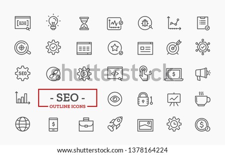 Vector Search Engine Optimization thin line Icons. SEO Elements for landing page.