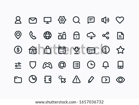 Vector Business linear icons in minimal style for app UI. Set of abstract simple symbols of user, data, business, cloud, website, click, analysis for site. Contact pictograms.