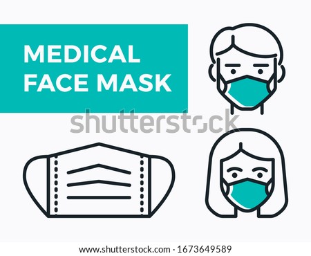 Vector Medical Face Mask icons. Simple thin line signs with people wearing protection masks. 