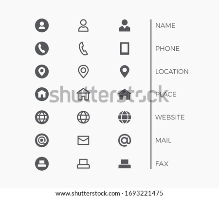 Business Card Icon Set. Vector minimal symbols with sign of name, phone, location, website, fax