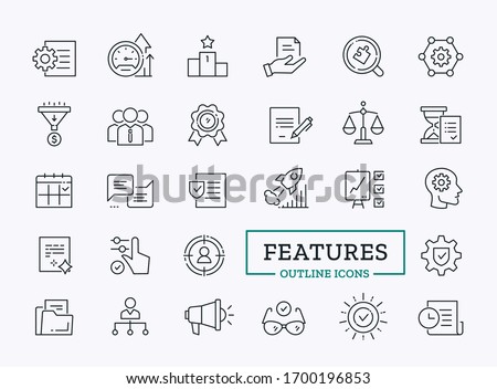 Vector linear icons of business features. Simple signs for website. Sales funnel, document, opportunity symbol
