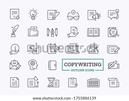 Vector linear icon set of copywriting. Simple flat symbols of pen, idea, document, book isolated on white