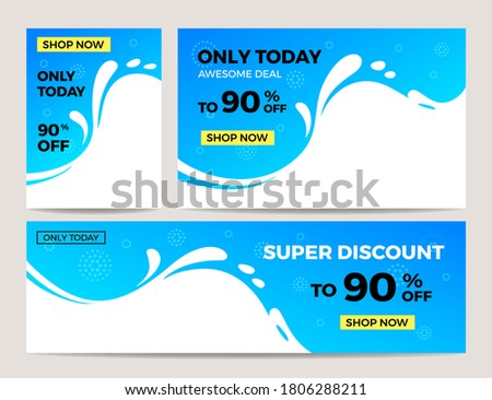Set of blue sale banners with discount 90% Off. Vector modern promotion design template with white fluid isolated on blue with discount tag