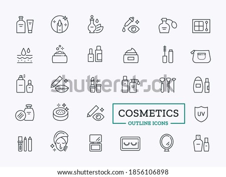 Cosmetic products icon set. Thin line pictogram of lotion, powder, lipstick, mascara