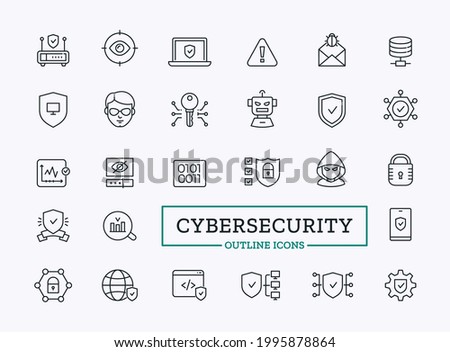 Vector cybersecurity thin line icons with sign of agent, hacker, server, safety system and data protection